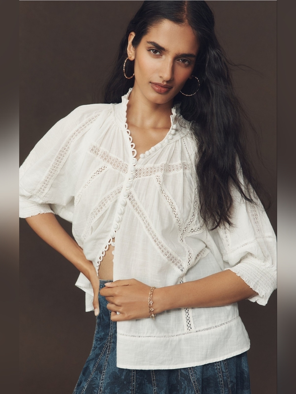 Anthropologie White Lace-Trim Cotton Peasant Blouse